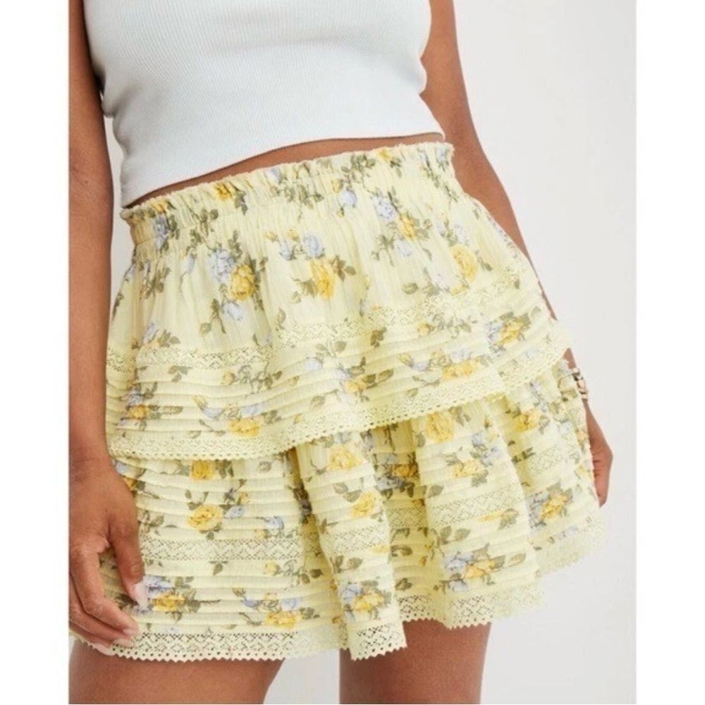 Aerie‎ Yellow Floral Tiered Lace Trim Mini Skirt XS